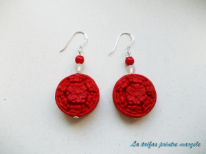 Earrings with round cinnabar, rock crystal and coral