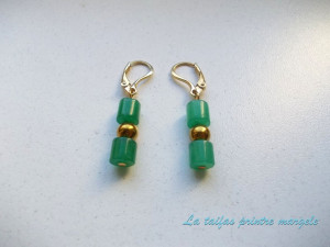 Golden earrings with tubular green agate