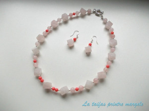 Rose quartz squares and pink coral necklace and earrings set