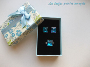 Set cercei şi inel reglabil argint cu Cristale Swarovski pătrate Bermuda Blue