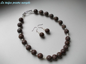 Brown snowflake obsidian and white coral earrings and necklace set