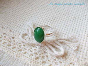 Inel reglabil din argint cu agat verde oval 14 mm