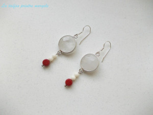 Long earrings with flat round rock crystal and white and red coral