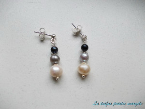 Natural cultured white, grey and black pearl earrings