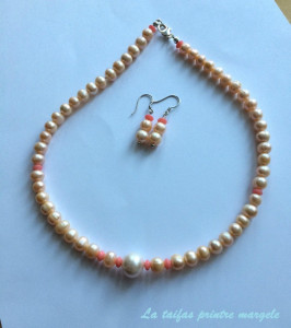 Natural rose cultured pearls and rose coral necklace and earrings set