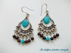 Oriental chandelier earrings with blue crazy lace agate and garnet