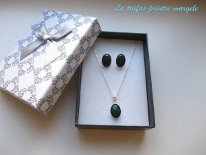 Oval green jade sterling silver earrings, chain and pendant set