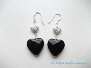 Sterling silver and onyx heart long earrings