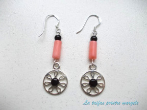 Sterling silver earrings with tubular pink coral and onyx