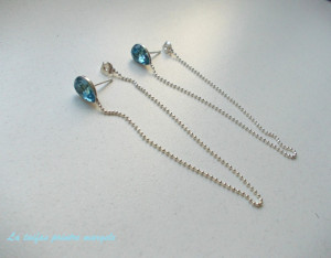 Cercei lungi cu lănţişor dublu şi şurub cu Cristale Swarovski fancy picătură Aquamarine
