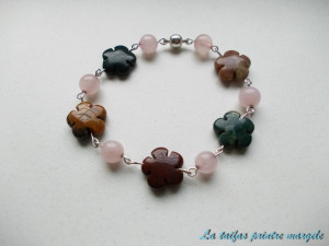 Flower Indian agate and pink quartz bracelet