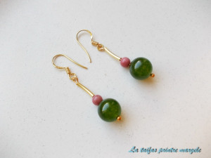 Gold-plated sterling silver earrings with green agate and rhodonite