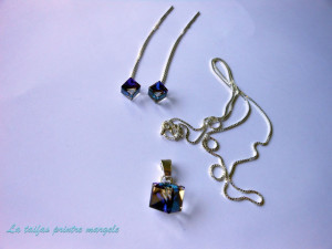 Long sterling silver chain type earrings and pendant set with Swarovski Bermuda Blue Cubes