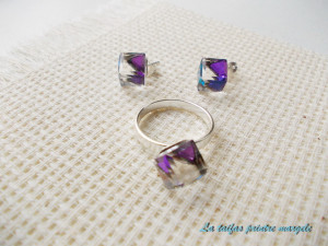 Set cercei cu şurub şi inel din argint cu Cristale Swarovski Cub Heliotrop