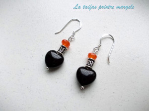 Sterling silver earrings with heart-shaped onyx and orange jade