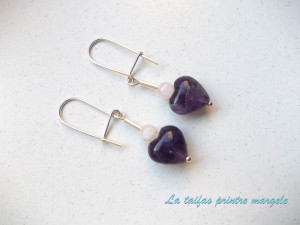 Sterling silver earrrings with amethyst heart and rose quartz