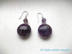 Earrings with large disks of amethyst