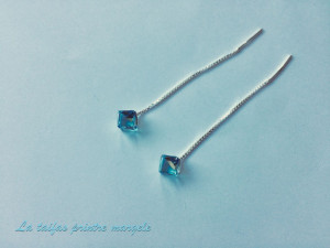 Long sterling silver chain type earrings with Swarovski Aquamarine Cubes
