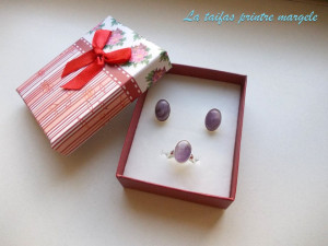 Set cercei şi inel reglabil argint cu ametist oval 14 mm