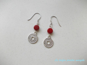 Sterling silver feng-shui disk and coral earrings