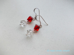 Cercei lungi din argint cu Cristale Swarovski cub roşu Siam şi transparent Crystal