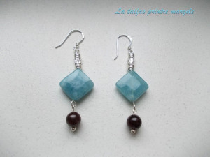 Earrings with faceted rhombus-shaped angelite and garnet