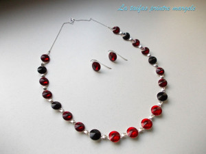 Sterling silver necklace and earrings set with red and black Swarovski Crystals