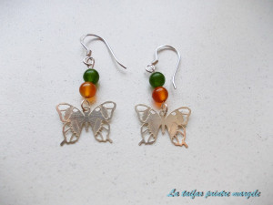 Sterling silver butterfly earrings with green agate and carnelian