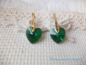 Cercei din argint aurit cu Cristale Swarovski inimă Emerald AB