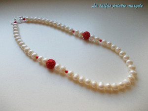 Natural cultured white pearls, cinnabar and coral necklace