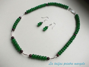 Necklace and earrings set of green faceted jade and garnet with sterling silver accessories