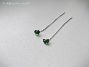 Sterling silver long chain earrings with Swarovski green heart Dark Moss