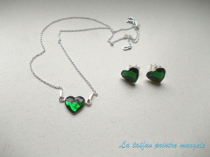 Set cercei şi pandantiv din argint cu Cristale Swarovski inimă verde Dark Moss
