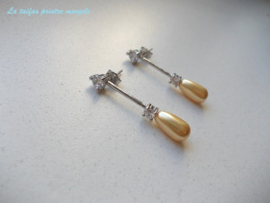 Sterling silver long earrings with zirconia crystals and Swarovski pearls teardrop Light Gold