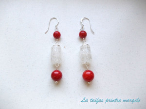 Long earrings with cylindrical rock crystal and red coral