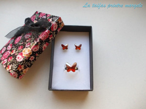 Set cercei şi inel reglabil argint cu Cristale Swarovski fluture Red Magma