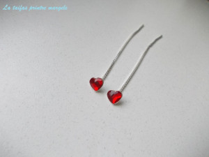 Sterling silver long chain earrings with Swarovski red hearts - Light Siam