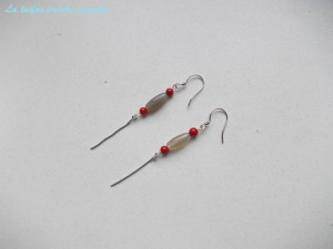 Sterling silver long earrings with cylindrical grey agate and coral spheres