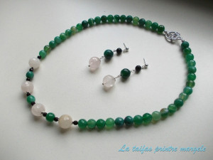 Striped green agates, rose quartz and onyx necklace and earrings set