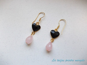 Gold plated sterling silver earrings with heart black Jet Swarovski Crystals and rose quartz