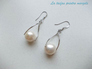Long spiral sterling silver natural cultured pearl earrings