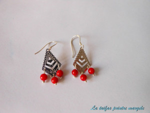 Rhoudium-plated sterling silver chandelier earrings with red coral