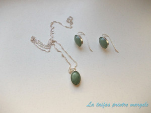 Sterling silver earrings and pendant set with green oval aventurine
