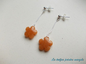 Sterling silver long earrings with flower-shaped orange aventurine