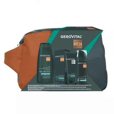 Borseta Gerovital Men Balsam dupa ras - 100ml + spuma de ras mentol - 200ml + Gel de dus revigorant 3in1 - 400ml