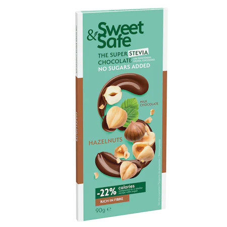 Ciocolata cu lapte si alune de padure fara zaharuri adaugate, Sweet&Safe - 90 g