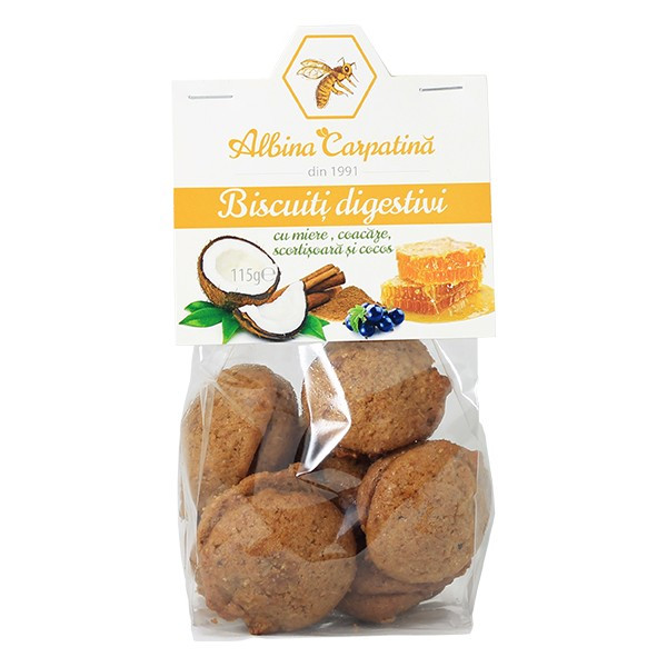Biscuiti digestivi cu miere, cocos, coacaze si scortisoara - 115 g