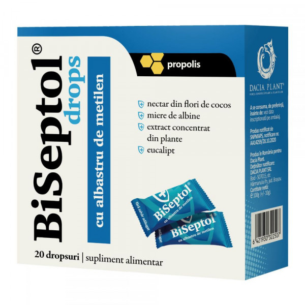 BiSeptol drops - cu propolis si albastru de metilen - 20 buc