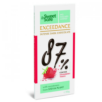 Ciocolata neagra intensa 87% cacao, cu capsuni, fara zaharuri adaugate - 90 g