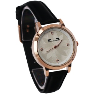 Ceas de dama elegant cu curea de piele neagra, cutie si bratara cadou, culoare auriu cu insertii de cristale si indicatori aurii, cadran model floare de lotus, Otel inoxidabil - Img 2